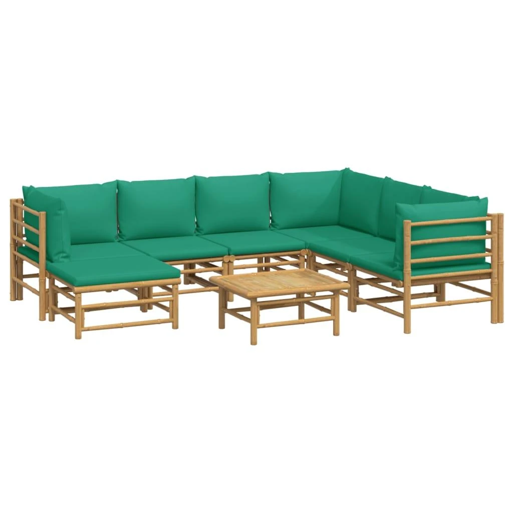 Lauko baldų komplektas Sodo komplektas su žaliomis pagalvėlėmis, 8 dalių, bambukas