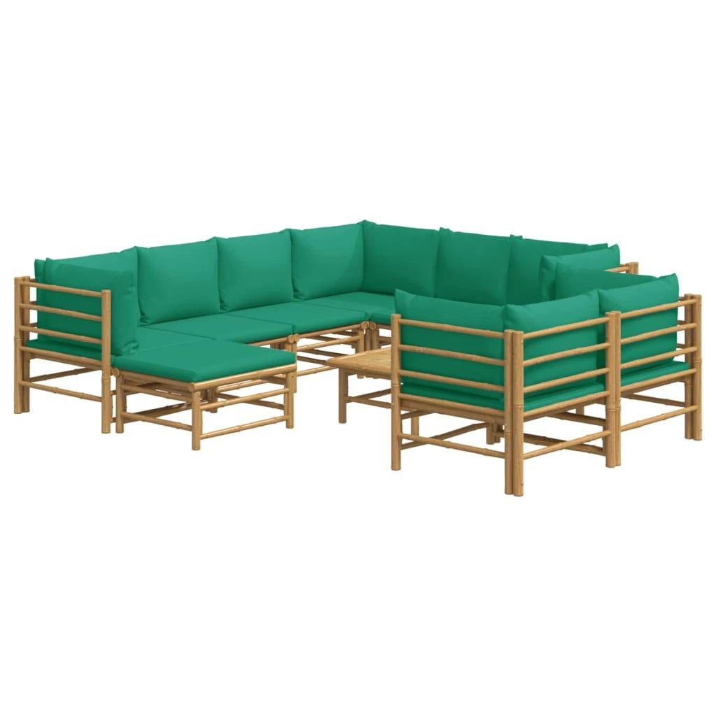 Lauko baldų komplektas Sodo komplektas su žaliomis pagalvėlėmis, 10 dalių, bambukas