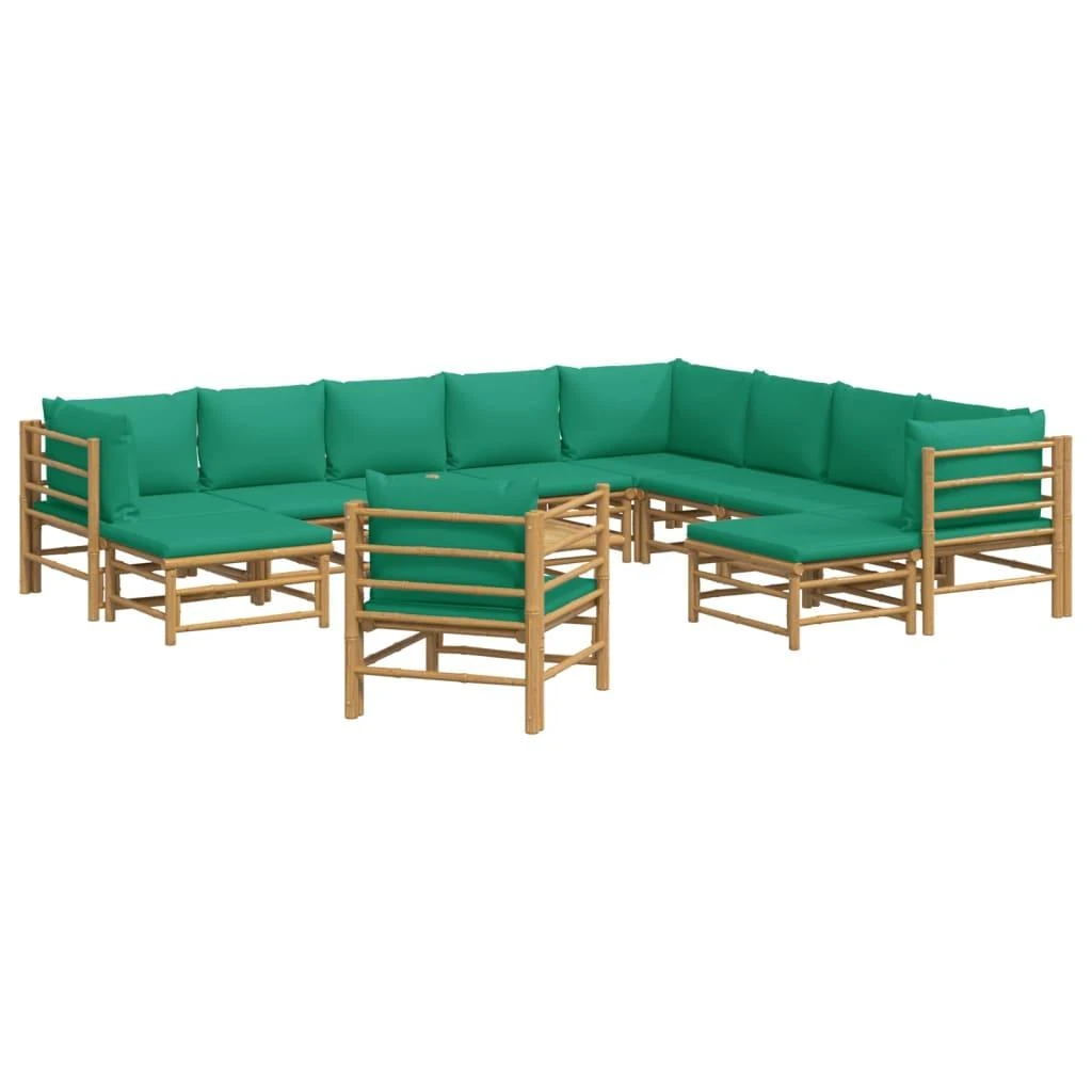 Lauko baldų komplektas Sodo komplektas su žaliomis pagalvėlėmis, 12 dalių, bambukas