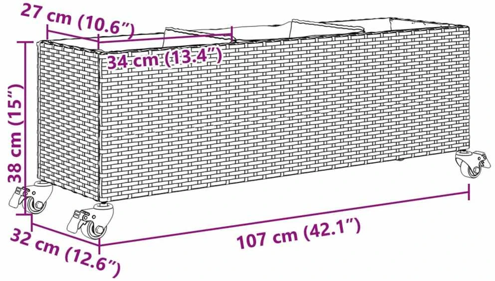 Sodo loveliai su ratukais, 2vnt., rudi, 107x32x38cm, PE ratanas
