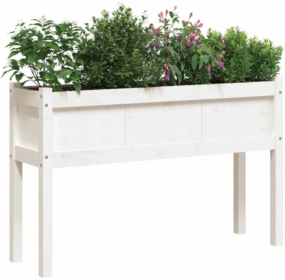 Sodo lovelis su kojelėmis, baltas, 110x31x70cm, pušies masyvas