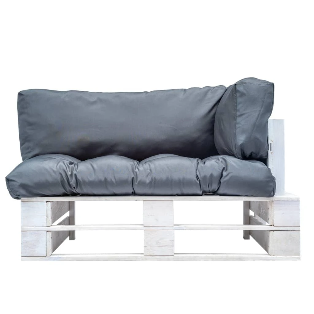 Sodo sofa iš palečių su pilkomis pagalvėlėmis, pušies mediena