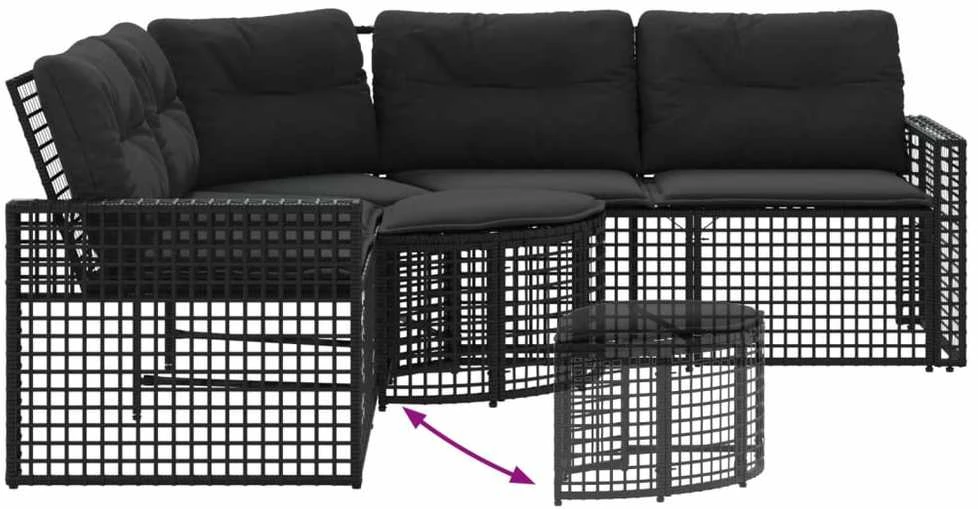 Sodo sofa su pagalvėlėmis ir pakojomis, juoda, poliratanas