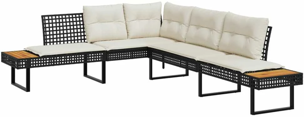Sodo sofa su pagalvėlėmis, juoda, poliratanas/akacija, L formos