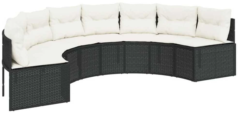 Sodo sofa su pagalvėlėmis, juoda, poliratanas, pusapvalė
