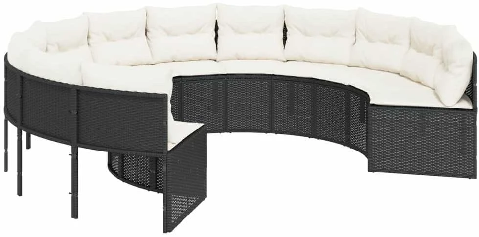 Sodo sofa su pagalvėlėmis, juodos spalvos, poliratanas, apvali