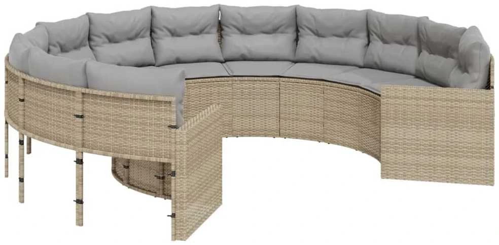 Sodo sofa su pagalvėlėmis, smėlio spalvos, poliratanas, apvali