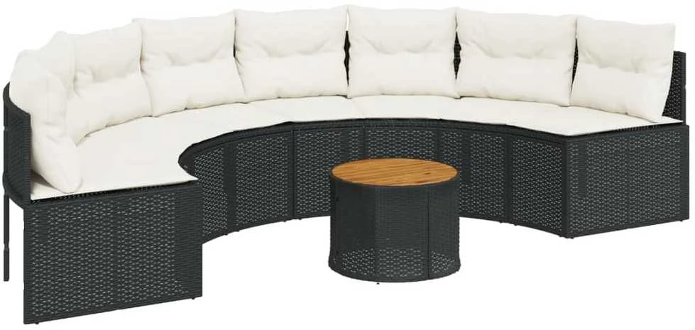 Sodo sofa su stalu/pagalvėlėmis, juoda, poliratanas, pusapvalė