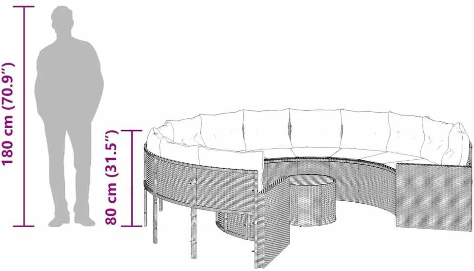Sodo sofa su stalu/pagalvėlėmis, juoda, poliratanas, apvali