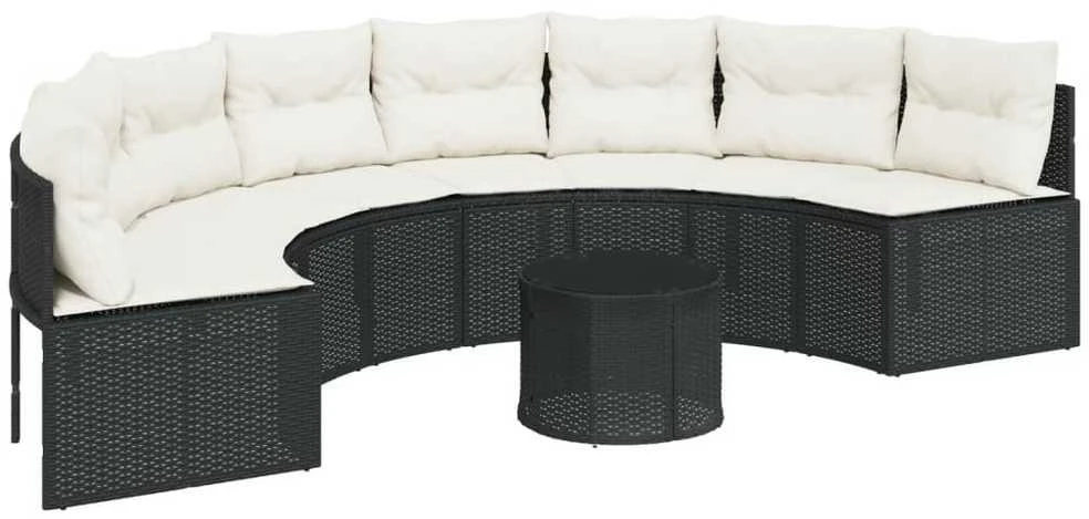 Sodo sofa su stalu/pagalvėlėmis, juoda, poliratanas, pusapvalė