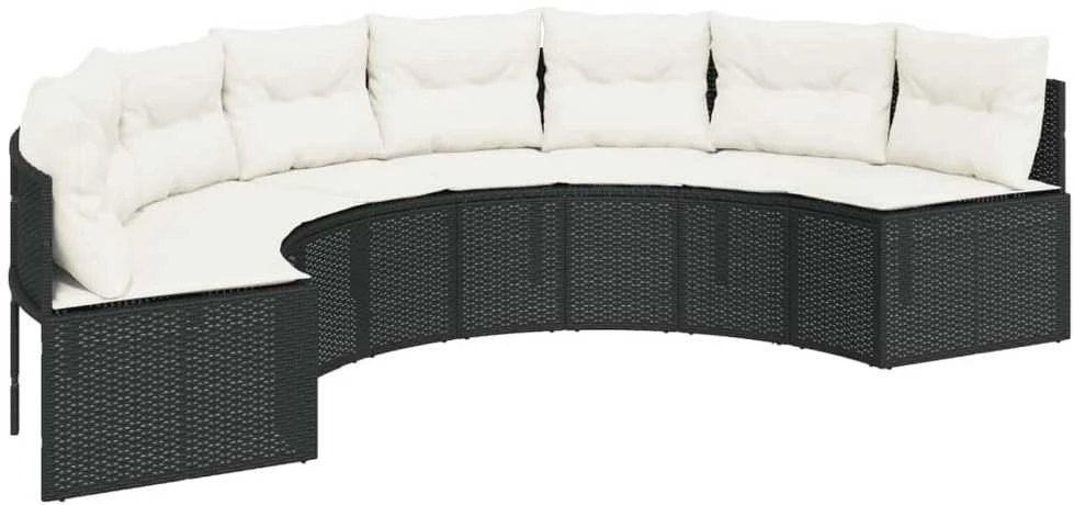 Sodo sofa su stalu/pagalvėlėmis, juoda, poliratanas, pusapvalė