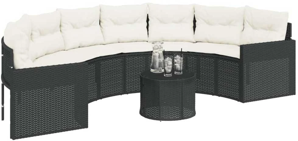 Sodo sofa su stalu/pagalvėlėmis, juoda, poliratanas, pusapvalė