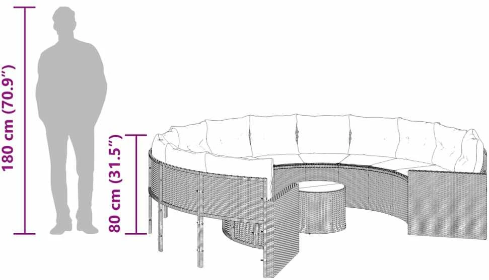 Sodo sofa su stalu/pagalvėlėmis, juoda, poliratanas, apvali