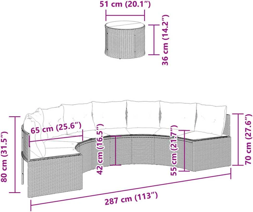 Sodo sofa su stalu/pagalvėlėmis, juoda, poliratanas, pusapvalė