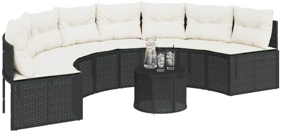 Sodo sofa su stalu/pagalvėlėmis, juoda, poliratanas, pusapvalė