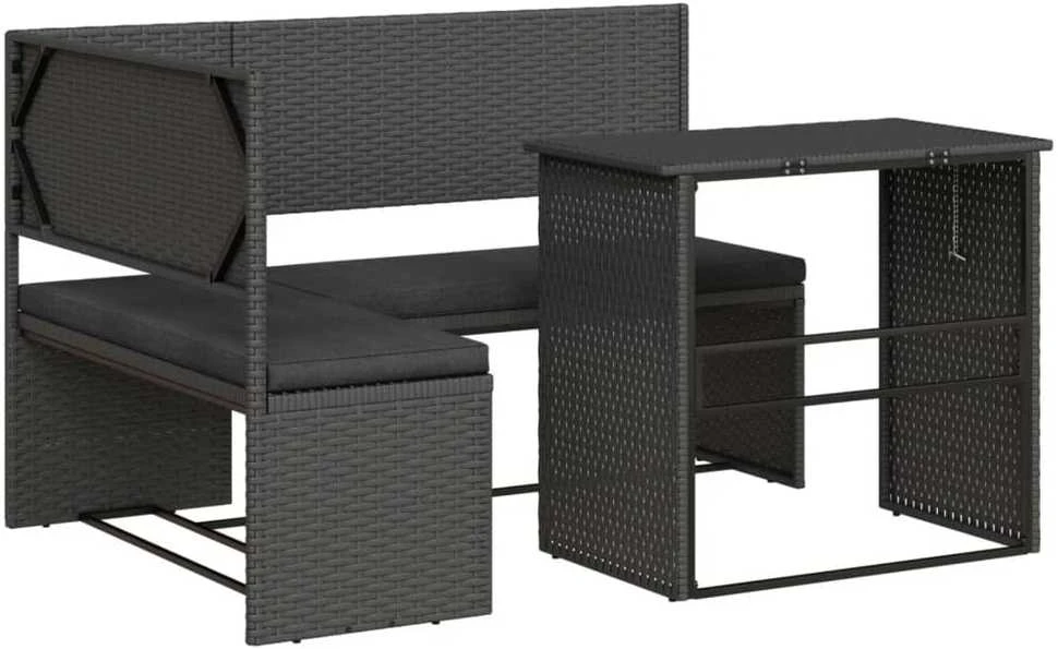 Sodo sofa su stalu/pagalvėlėmis, juoda, poliratanas, L formos