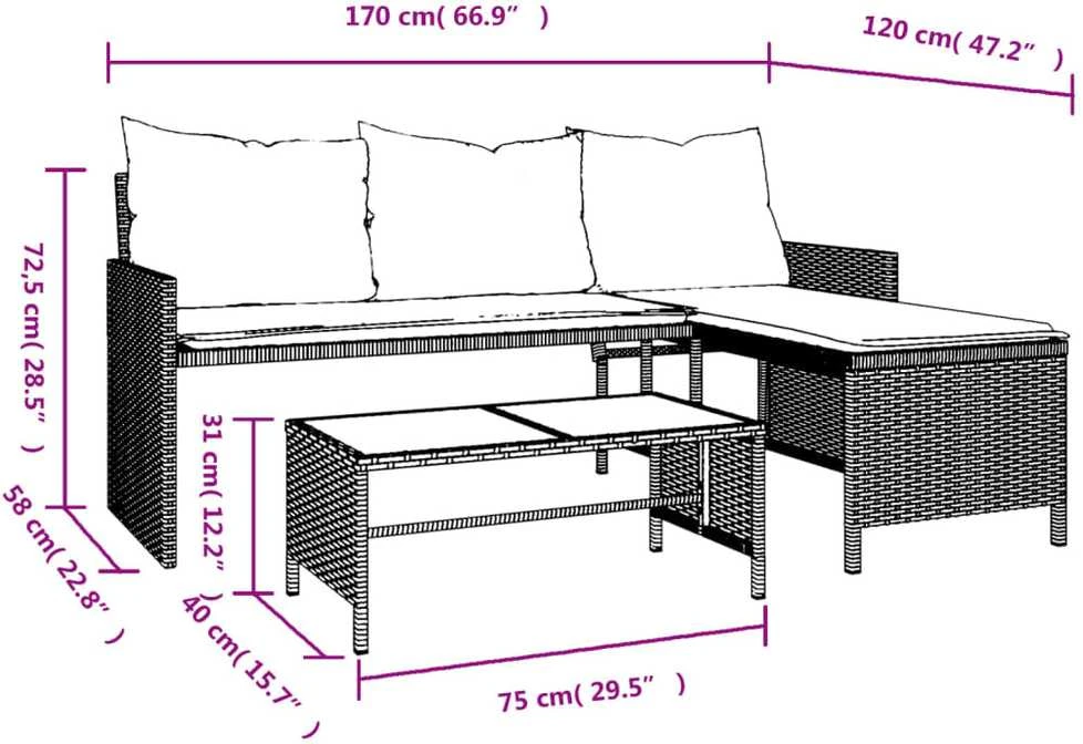 Sodo sofa su stalu/pagalvėlėmis, pilka, poliratanas, L formos