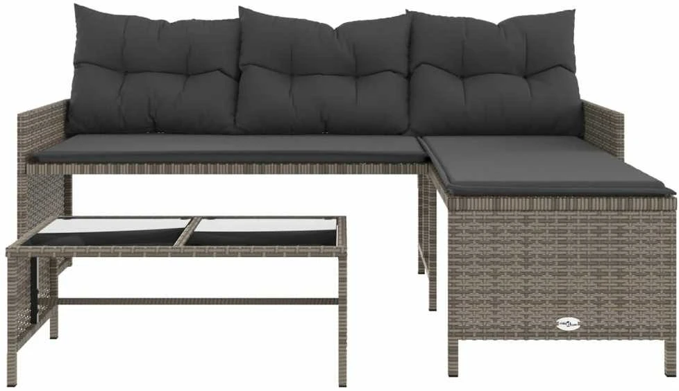 Sodo sofa su stalu/pagalvėlėmis, pilka, poliratanas, L formos