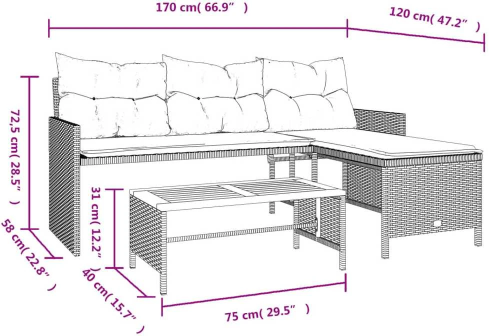 Sodo sofa su stalu/pagalvėlėmis, smėlio, poliratanas, L formos