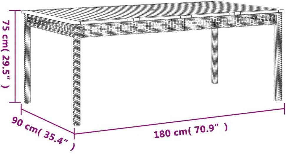 Sodo stalas, pilkas, 180x90x75cm, poliratanas ir akacija