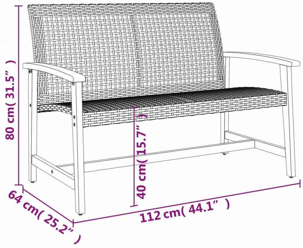 Sodo suoliukas, juodas, 112cm, poliratanas ir akacijos mediena