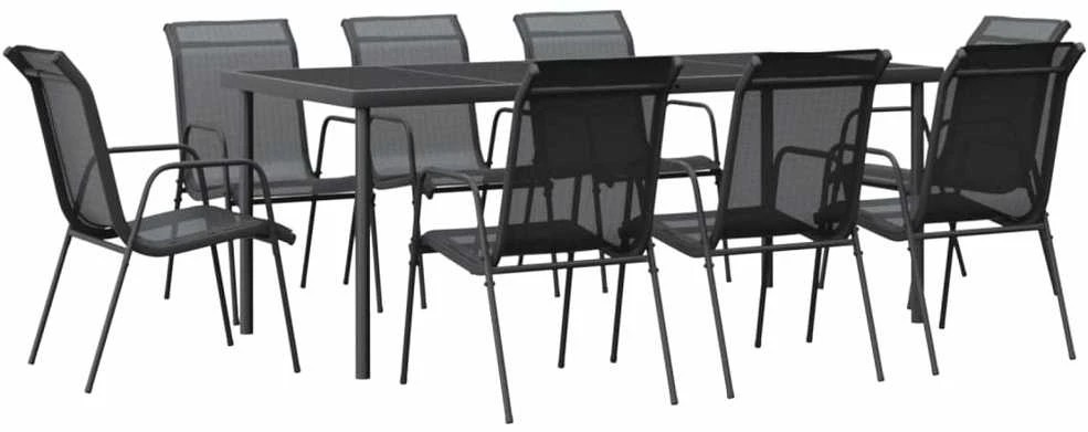 Lauko baldų komplektas Sodo valgomojo komplektas, 9 dalių, juodas, plienas/tekstilenas