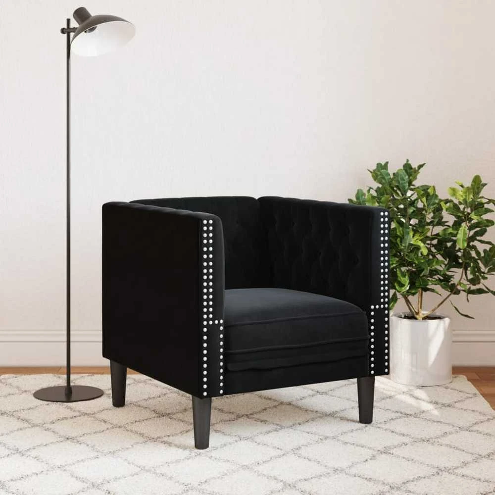 Fotelis Chesterfield krėslas, juodos spalvos, aksomas