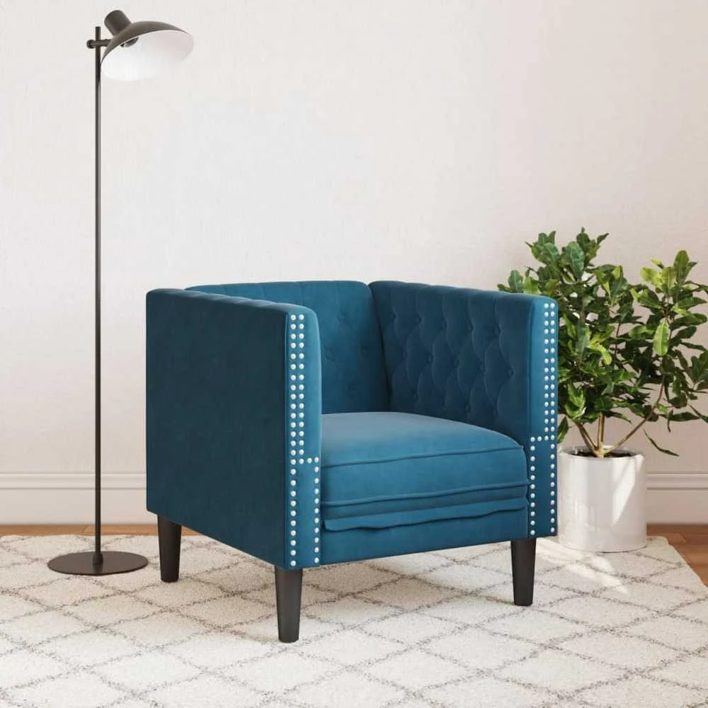 Fotelis Chesterfield krėslas, mėlynos spalvos, aksomas