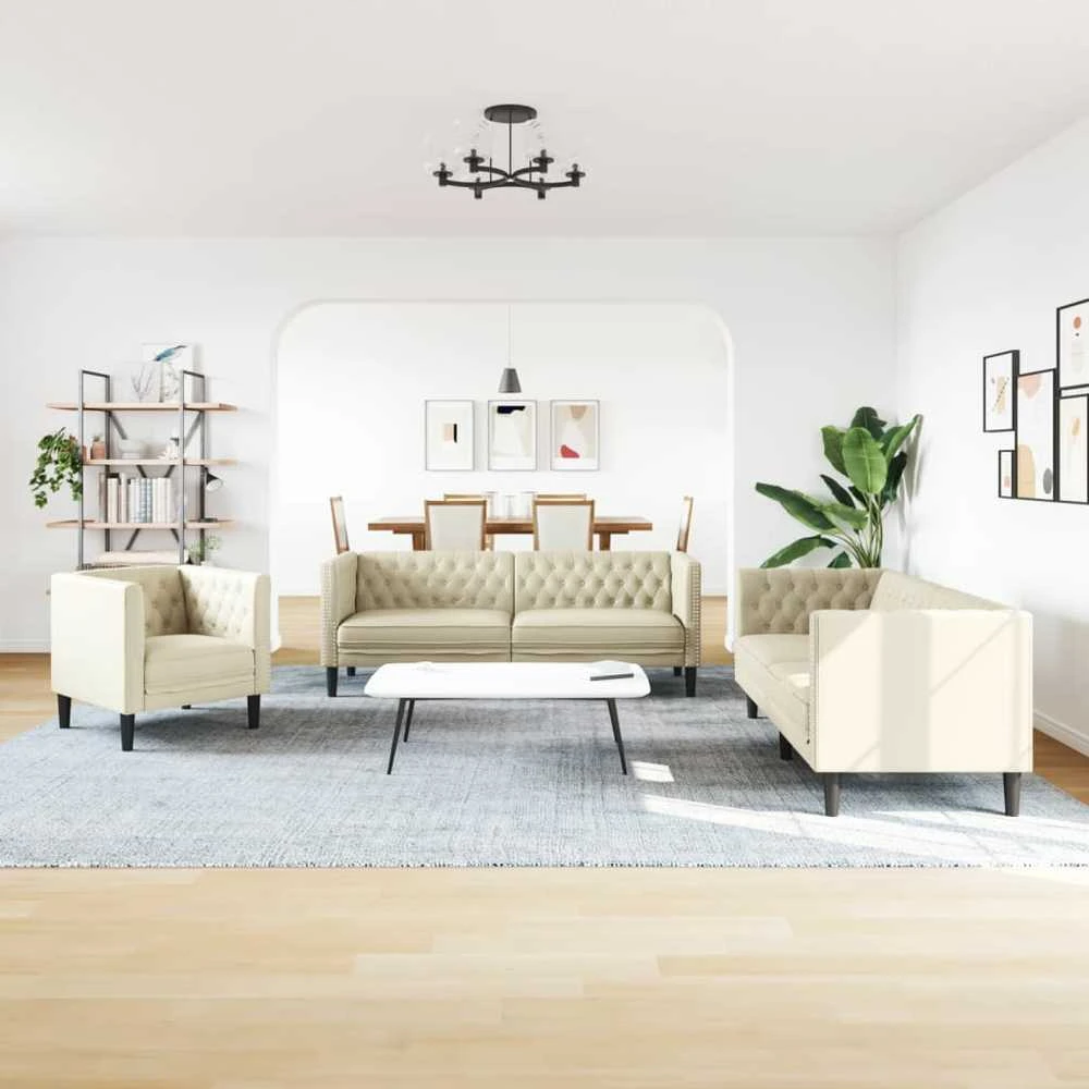 Sofa Chesterfield sofų komplektas, 3 dalių, kreminė, dirbtinė oda