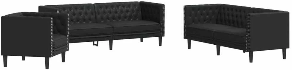 Sofa Chesterfield sofų komplektas, 3 dalių, juodas, dirbtinė oda