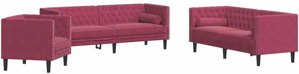 Sofa Chesterfield sofų komplektas su pagalvėlėmis, 3 dalių, raudona