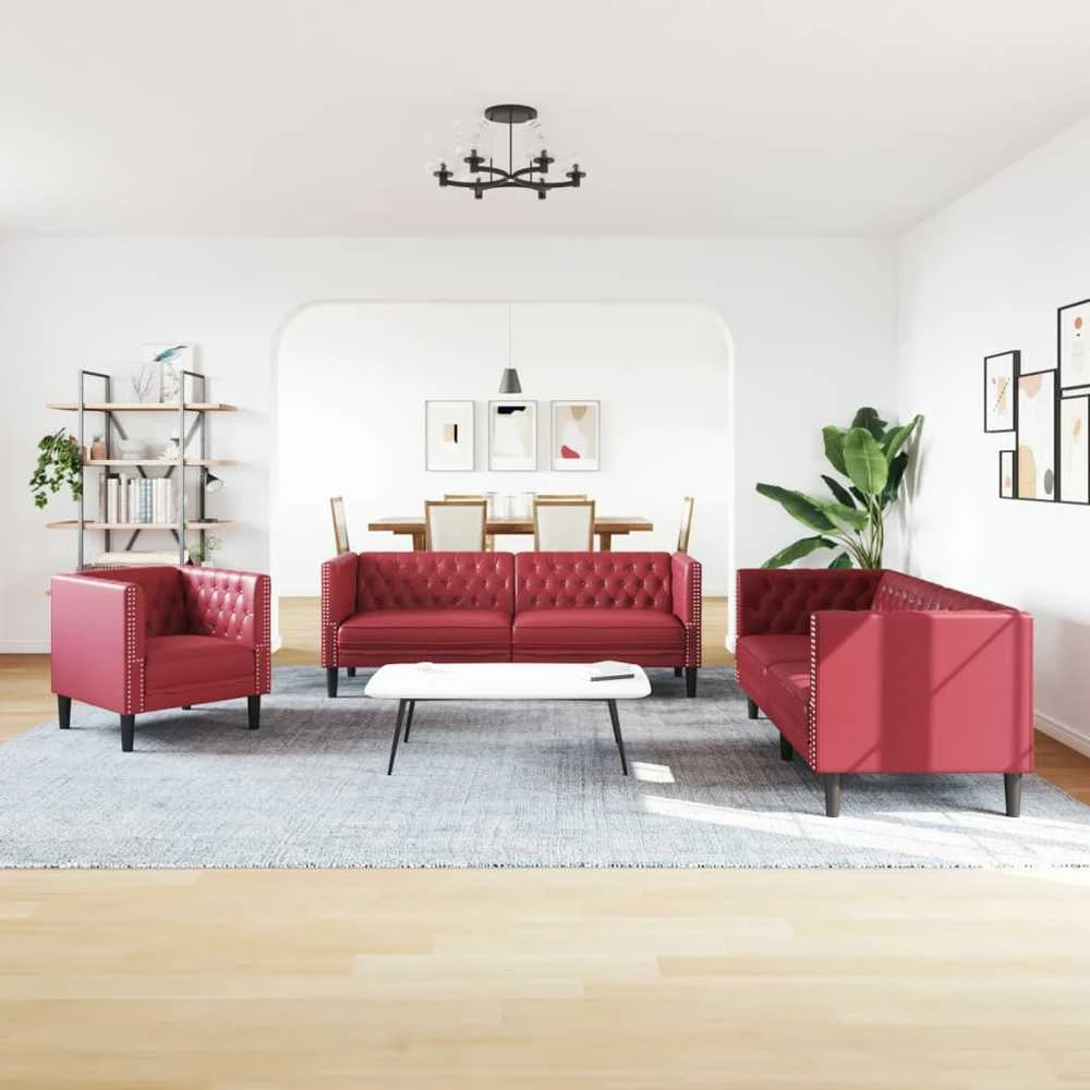 Sofa Chesterfield sofų komplektas su pagalvėlėmis, 3 dalių, raudona