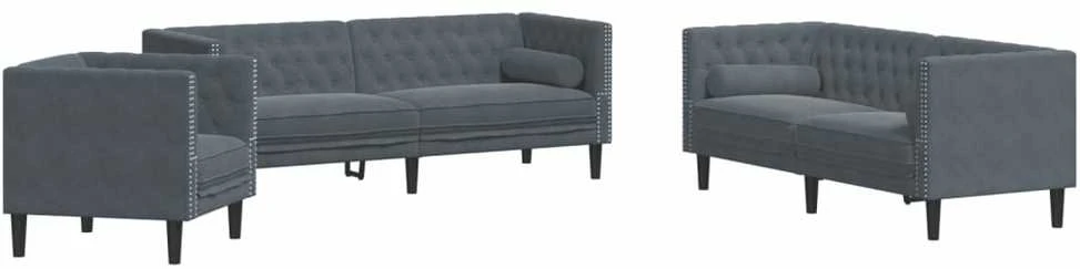 Sofa Chesterfield sofų komplektas su pagalvėlėmis, 3 dalių, pilka