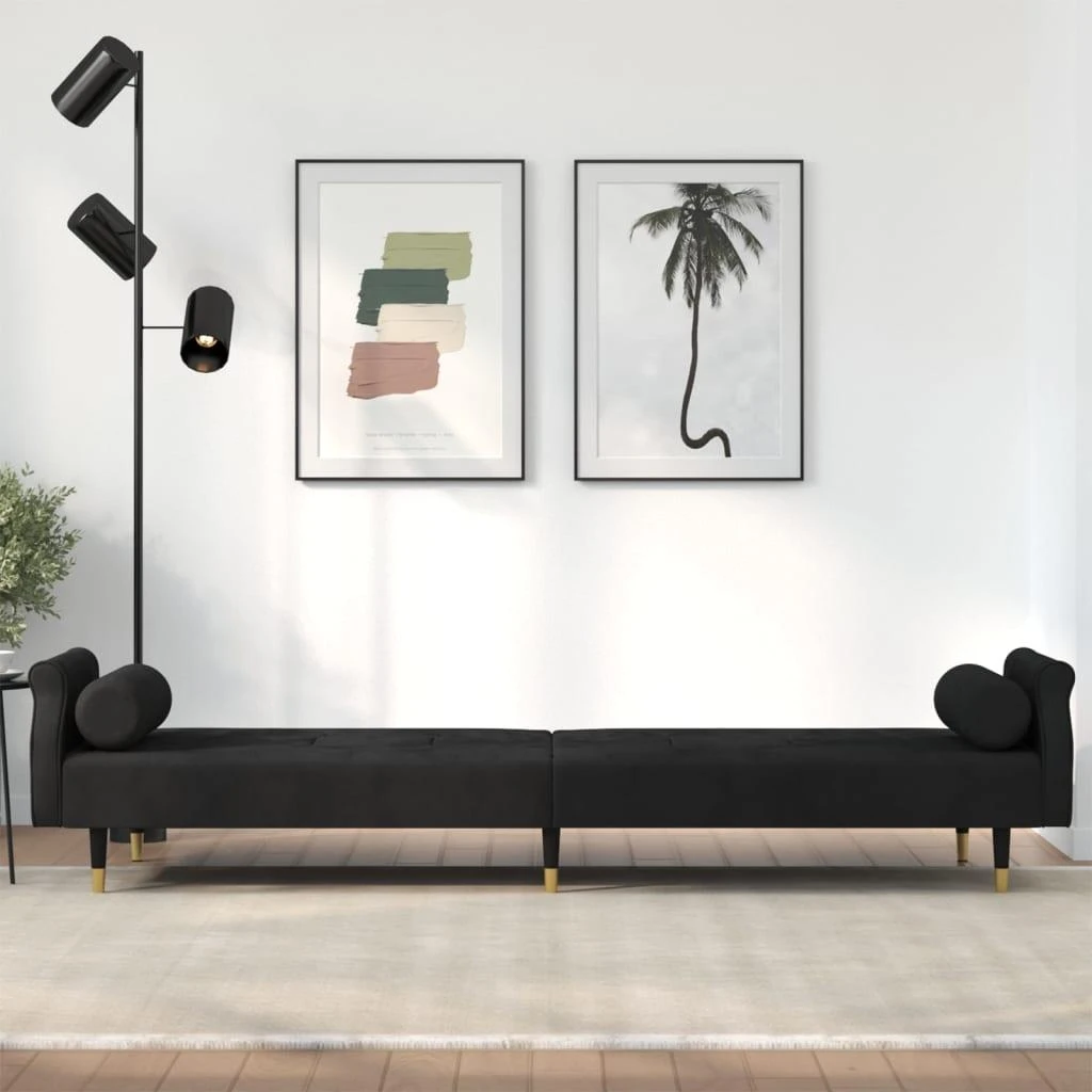 Sofa-lova su pagalvėlėmis, juodos spalvos, aksomas