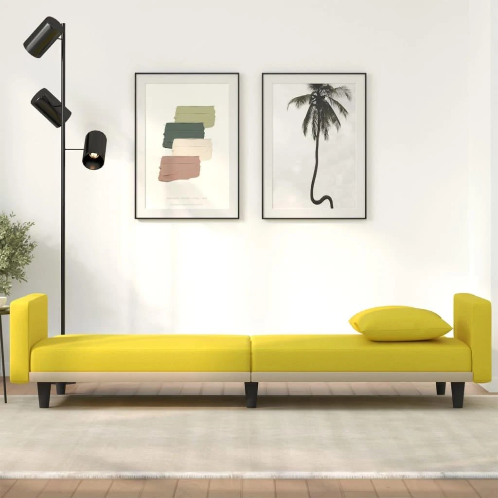 Sofa-lova su pagalvėlėmis, šviesiai geltonos spalvos, audinys