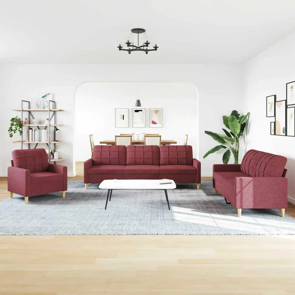 Sofa Sofos komplektas, 3 dalių, raudonojo vyno spalvos, audinys