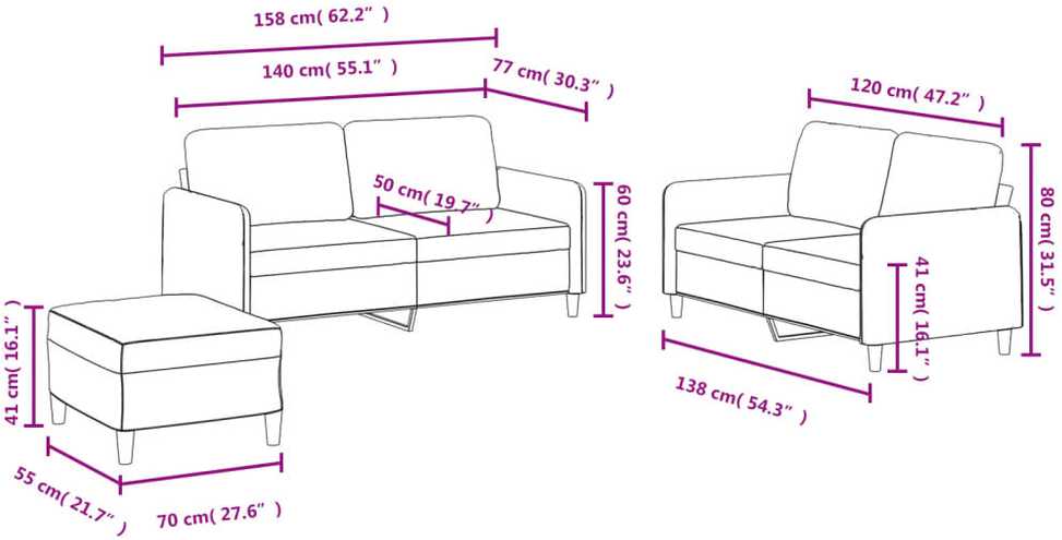 Sofa Sofos komplektas, 3 dalių, rožinės spalvos, aksomas