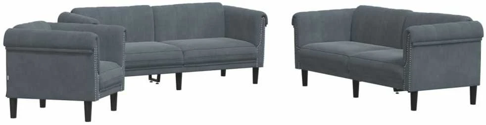 Sofa Sofos komplektas, 3 dalių, tamsiai pilkos spalvos, aksomas