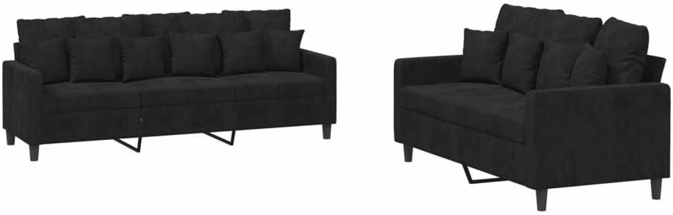 Sofa Sofos komplektas su pagalvėlėmis, 2 dalių, juodas, aksomas