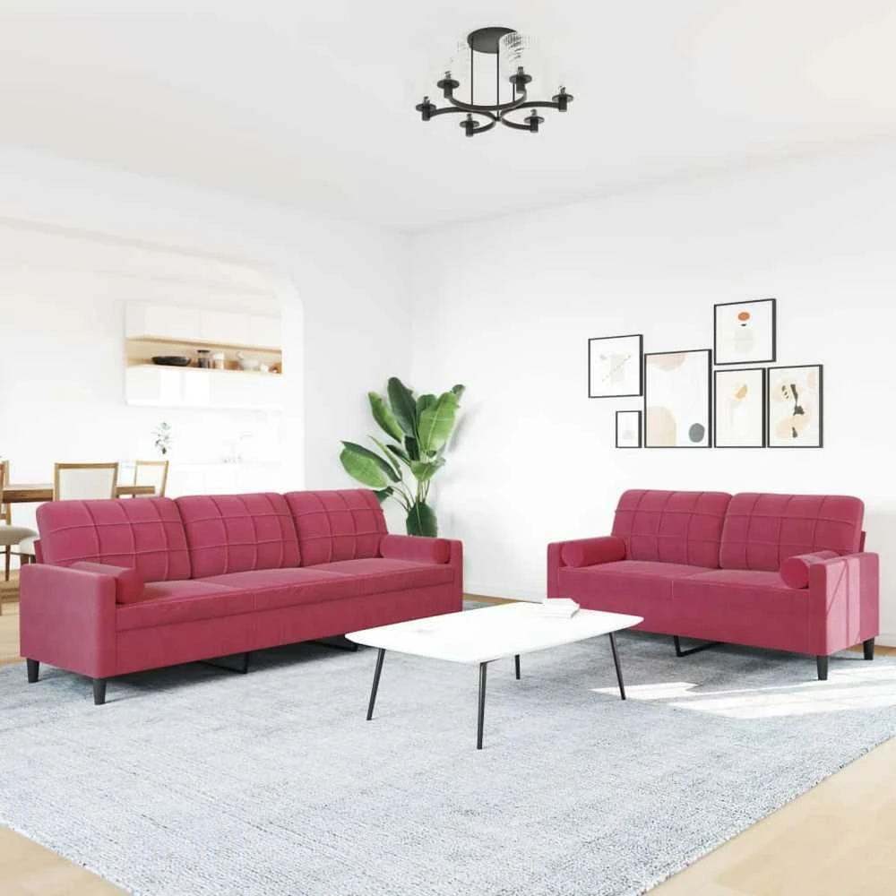 Sofa Sofos komplektas su pagalvėlėmis, 2 dalių, vyno, aksomas
