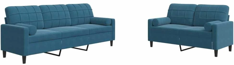 Sofa Sofos komplektas su pagalvėlėmis, 2 dalių, mėlynas, aksomas