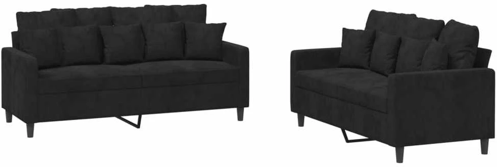 Sofa Sofos komplektas su pagalvėlėmis, 2 dalių, juodas, aksomas