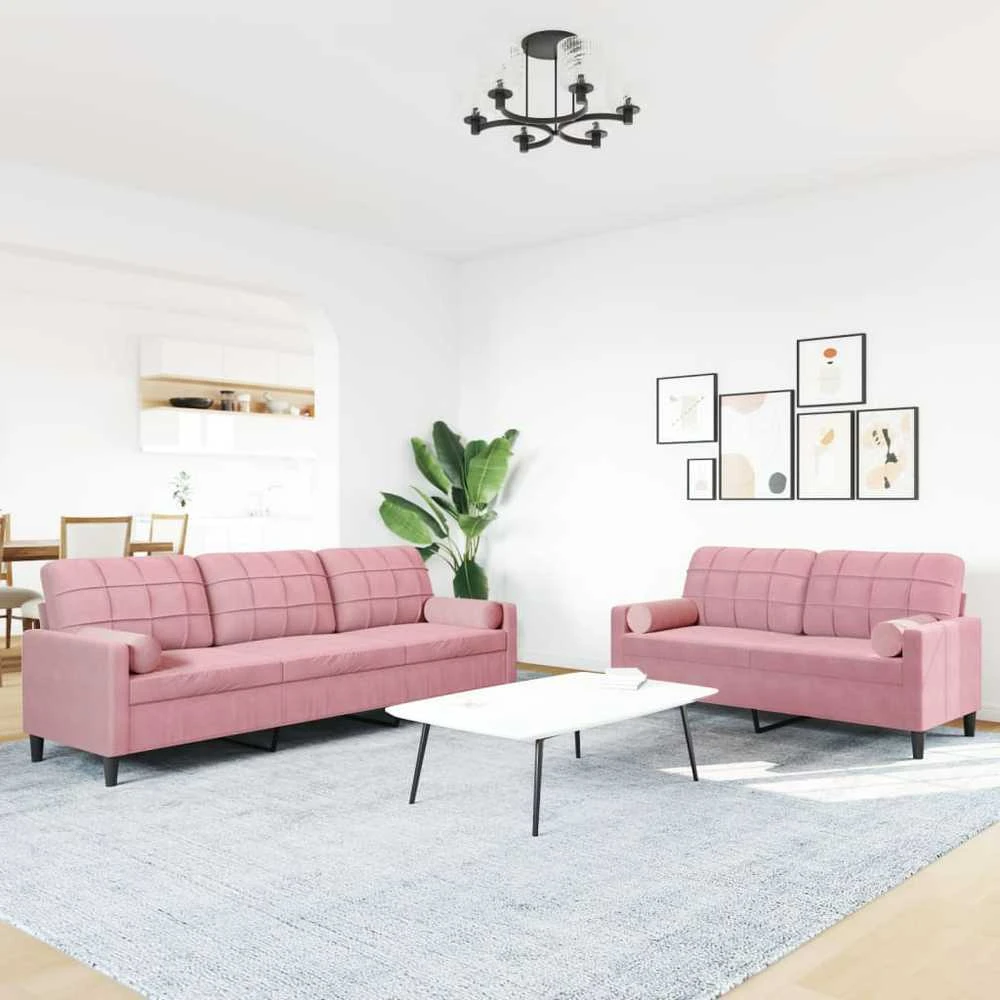 Sofa Sofos komplektas su pagalvėlėmis, 2 dalių, rožinis, aksomas