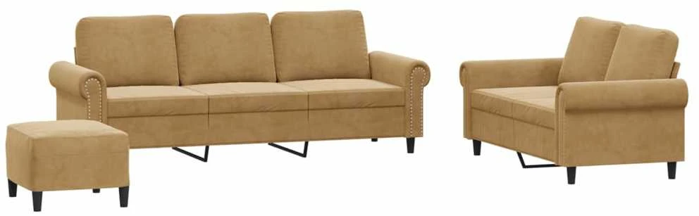 Sofa Sofos komplektas su pagalvėlėmis, 3 dalių, rudas, aksomas