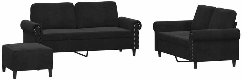 Sofa Sofos komplektas su pagalvėlėmis, 3 dalių, juodas, aksomas