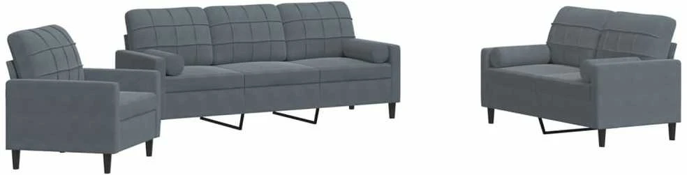 Sofa Sofos komplektas su pagalvėlėmis, 3 dalių, pilkas, aksomas