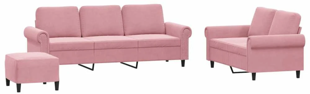 Sofa Sofos komplektas su pagalvėlėmis, 3 dalių, rožinis, aksomas
