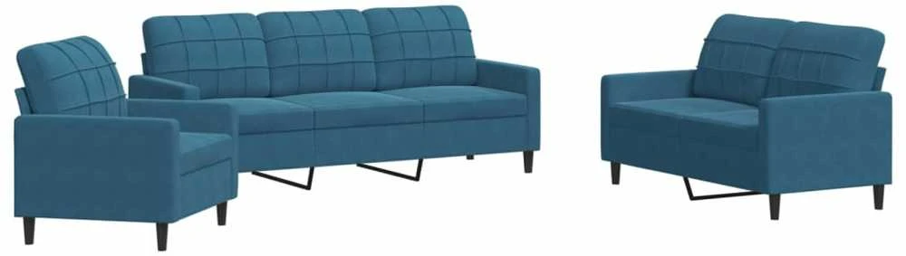 Sofa Sofos komplektas su pagalvėlėmis, 3 dalių, mėlynas, aksomas