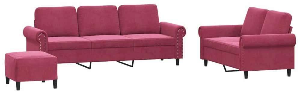Sofa Sofos komplektas su pagalvėlėmis, 3 dalių, vyno, aksomas