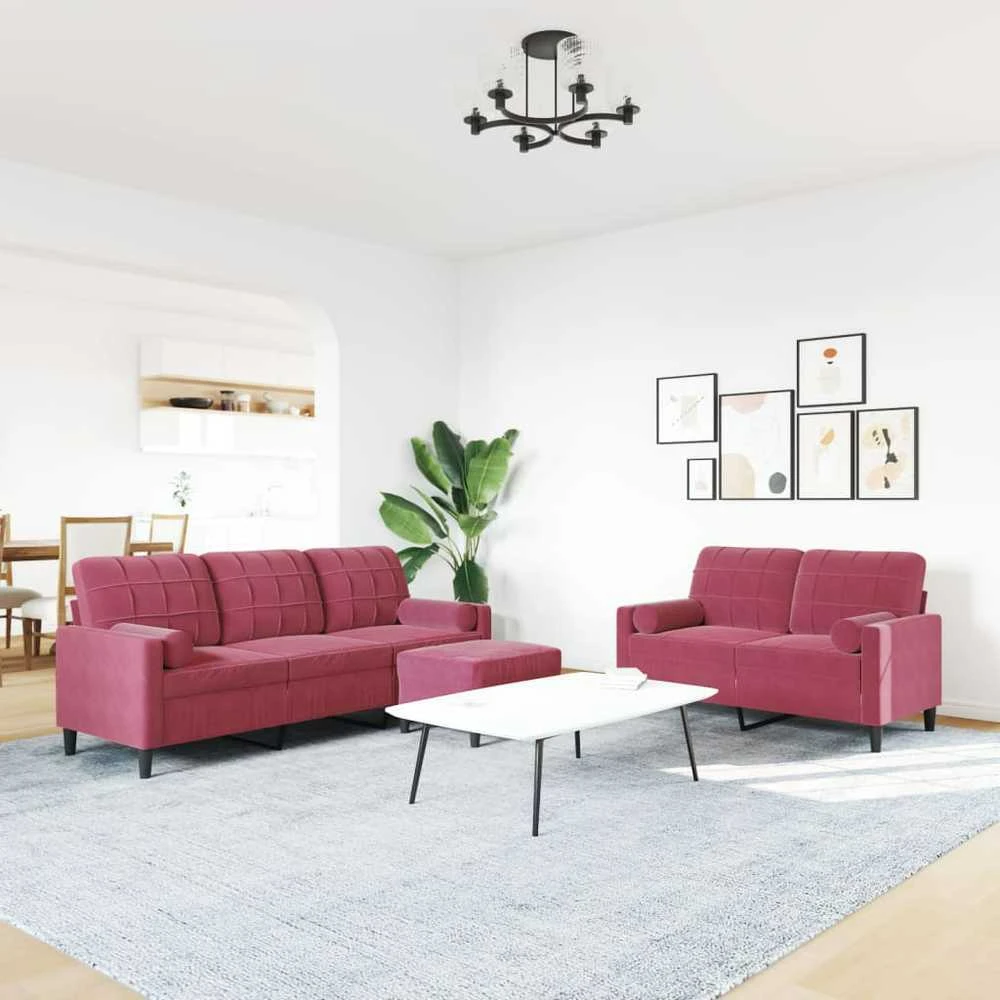 Sofa Sofos komplektas su pagalvėlėmis, 3 dalių, vyno, aksomas